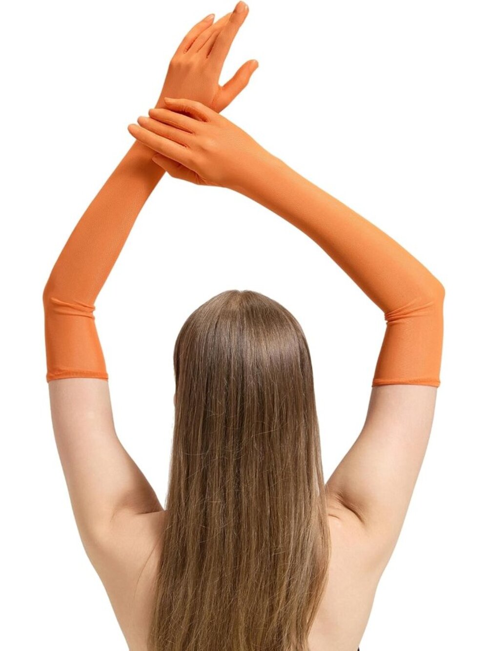 Women's Orange Elbow Stretchy Long Halloween Sheer Mesh Tulle Opera Gloves